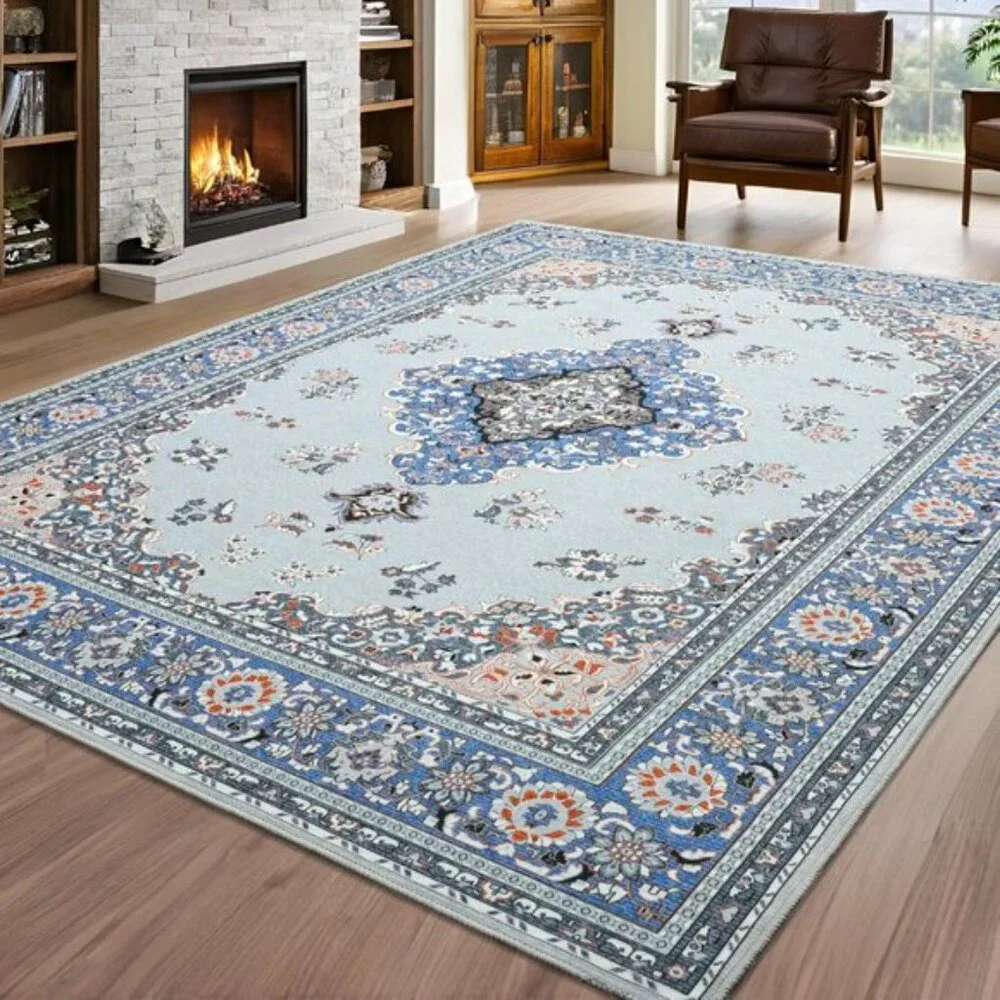 New 6x9 Grey Blue Area Rug, Washable Vintage Low Pile Non-Slip Carpet for Home
